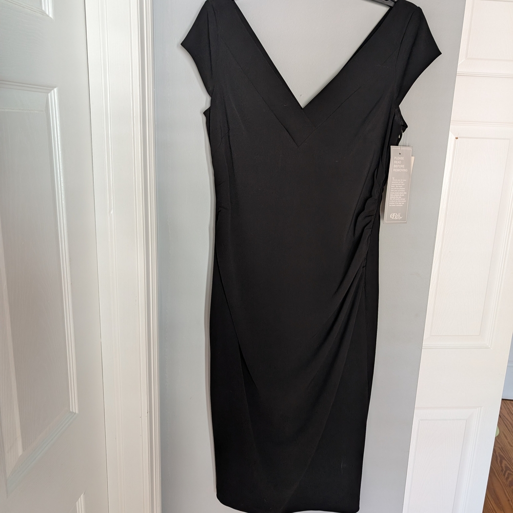 Maggy London Black V-Neck Midi Sheath Dress